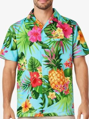 Men's Tropical Pineapple Hawaiian Shirt - Turquoise Blue Floral Button-Down